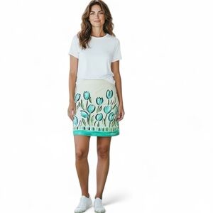 TALBOTS Women’s Skirt Size 8 Green Aqua Blue Black Tulips Stretch Zip up Side